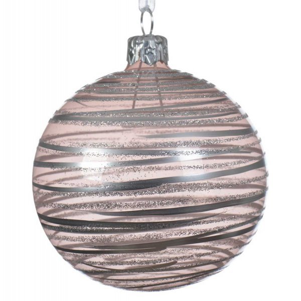 Χριστουγεννιάτικη Γυάλινη Μπάλα Ροζ, με Ασημί Ρίγες (8cm)